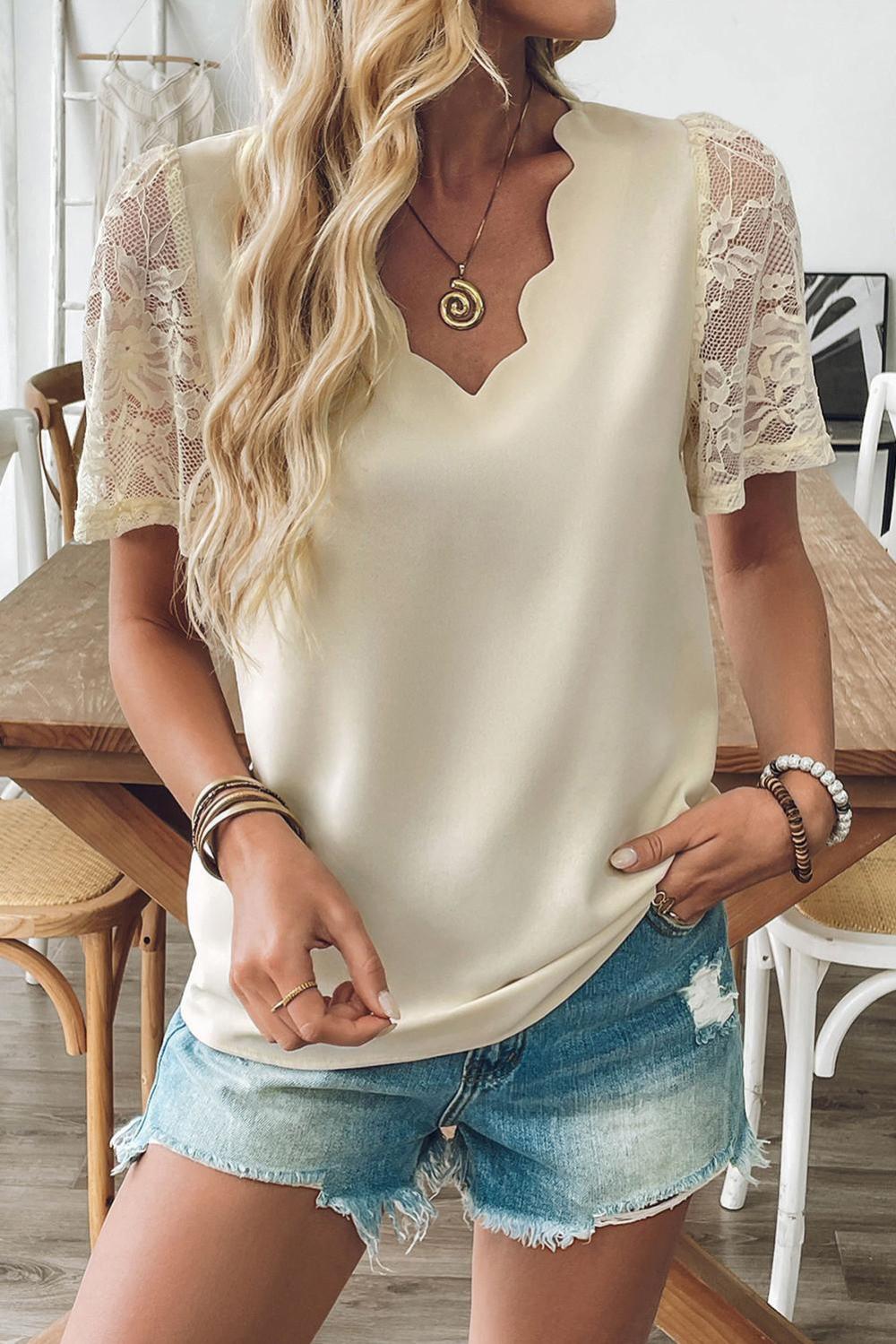 Blouses | Women Apricot Scallop Edge V Neck Lace Patchwork Flounce Sleeve Top