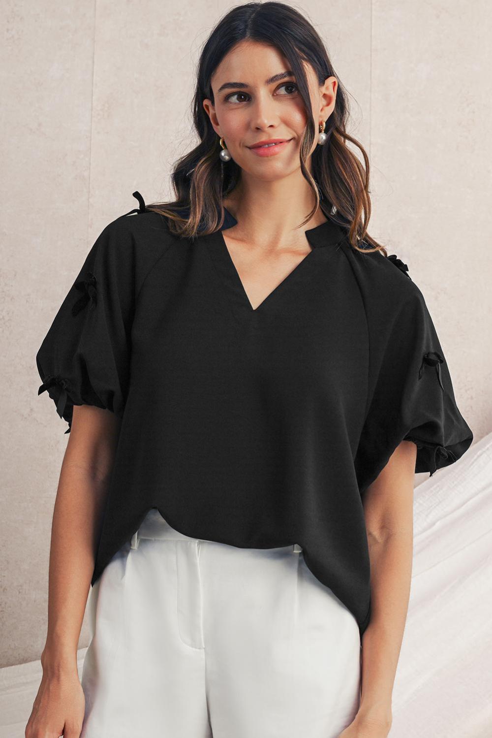 Blouses | Women Black V Neck Bow Detail Puff Sleeve Blouse