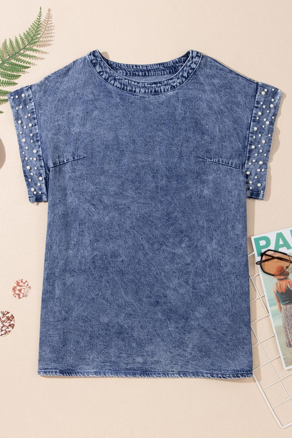 Blouses | Women Dusk Blue Acid Wash Pearl Embellishment Round Neck Denim Top