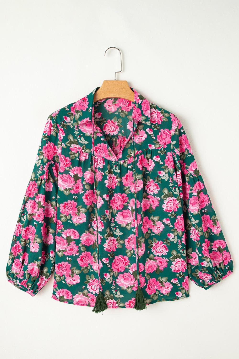Blouses | Women Green Floral Print Collared Puff Sleeve Blouse