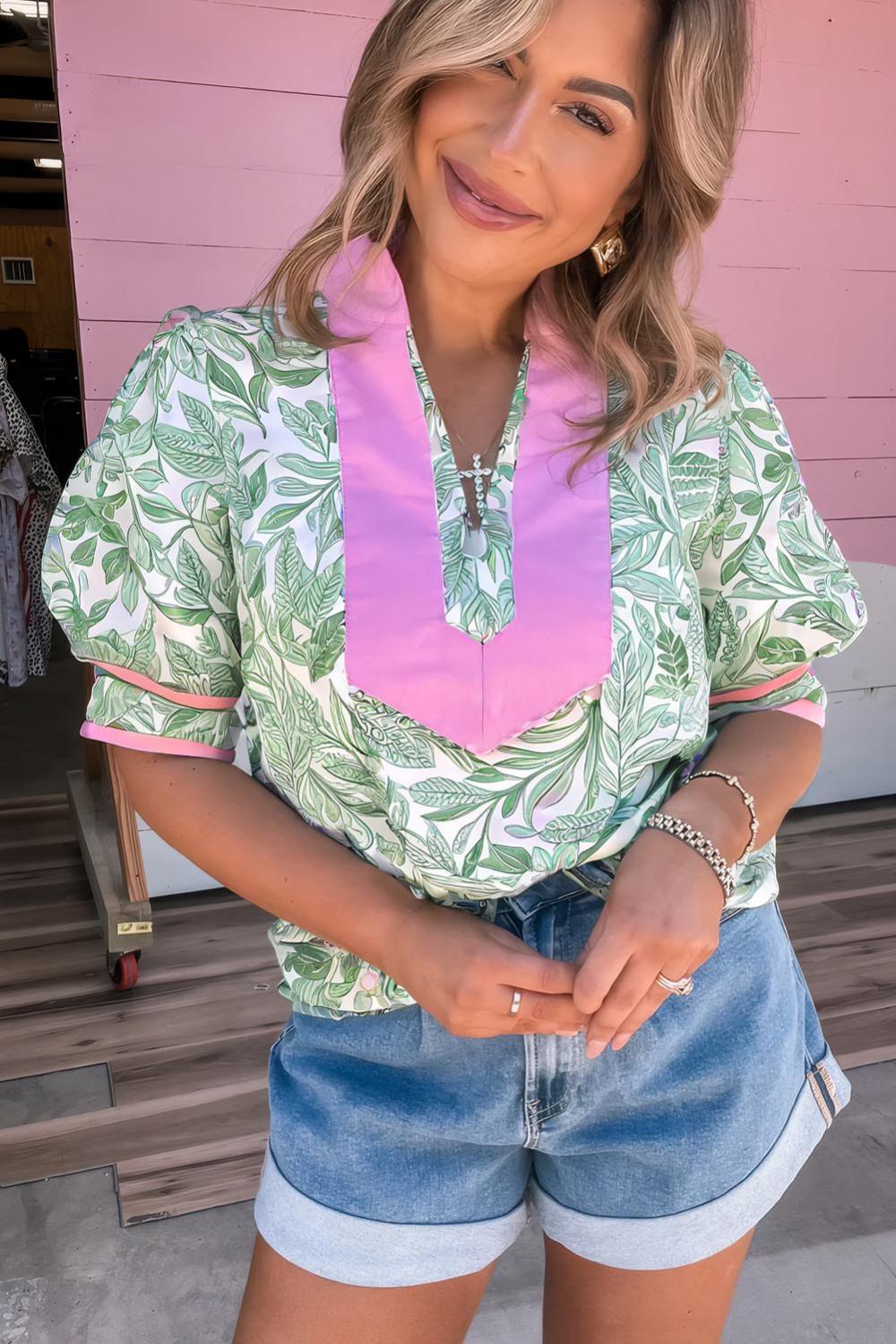 Blouses | Women Green Leaves Pattern Colorblock V Neck Puff Sleeve Blouse
