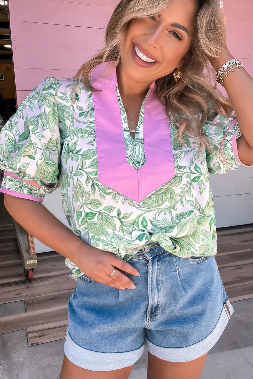 Blouses | Women Green Leaves Pattern Colorblock V Neck Puff Sleeve Blouse