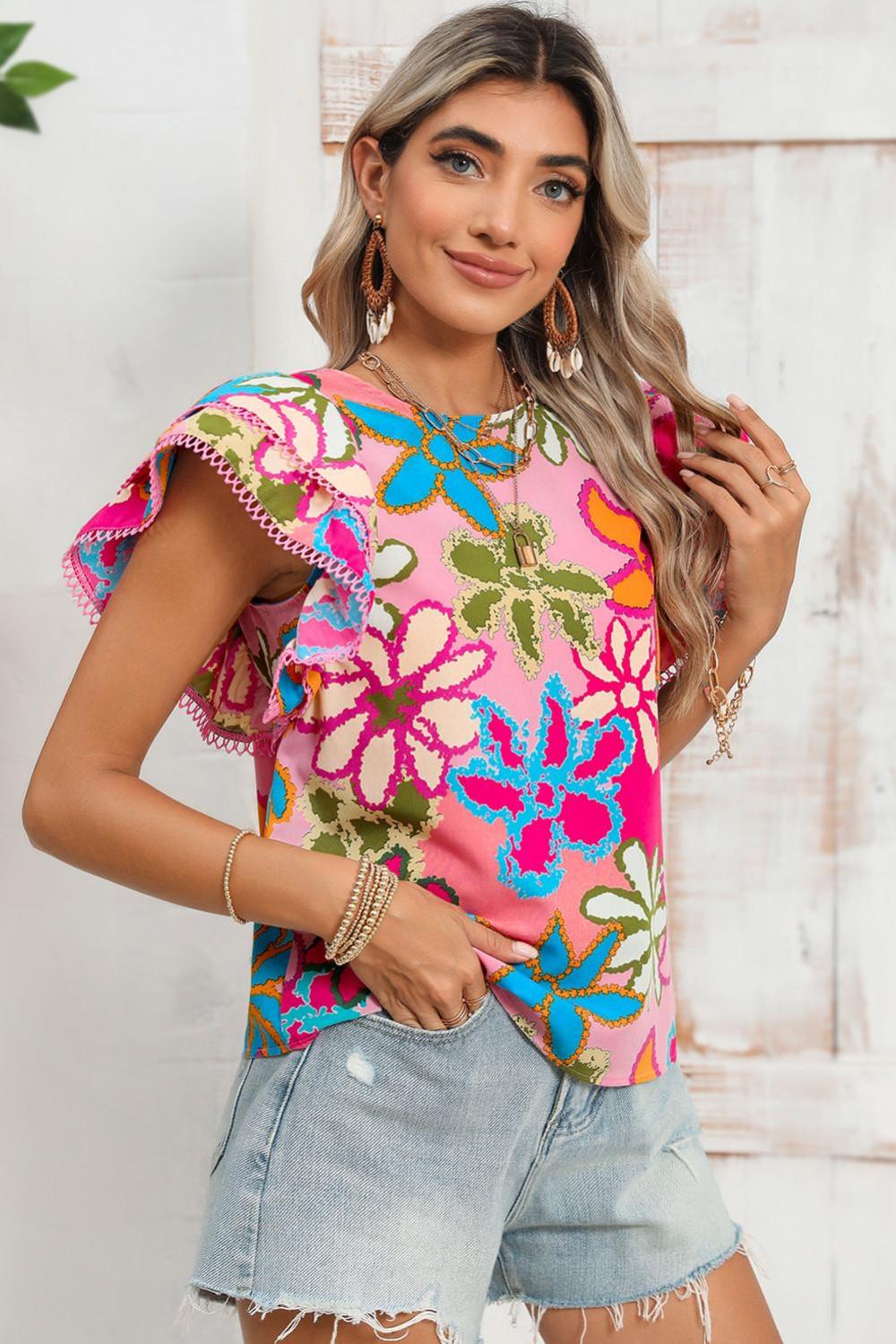 Blouses | Women Multicolor Floral Print Boho Top Tiered Ruffle Sleeve Blouse