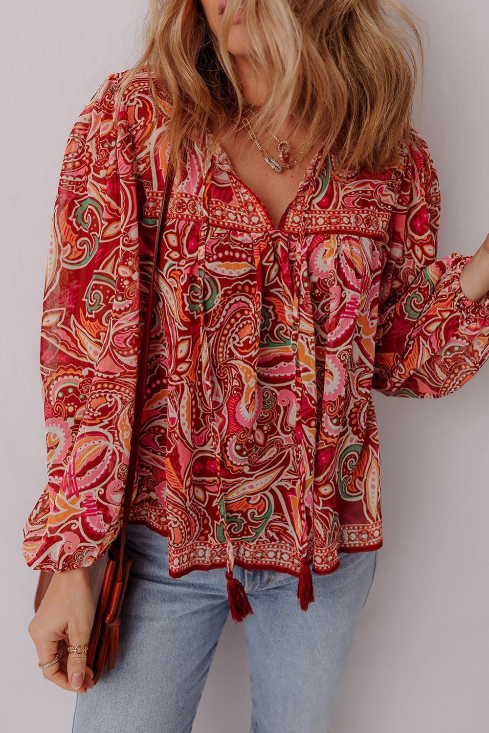 Blouses | Women Multicolour Ethnic Paisley Print Tassel Tie Puff Sleeve Boho Blouse