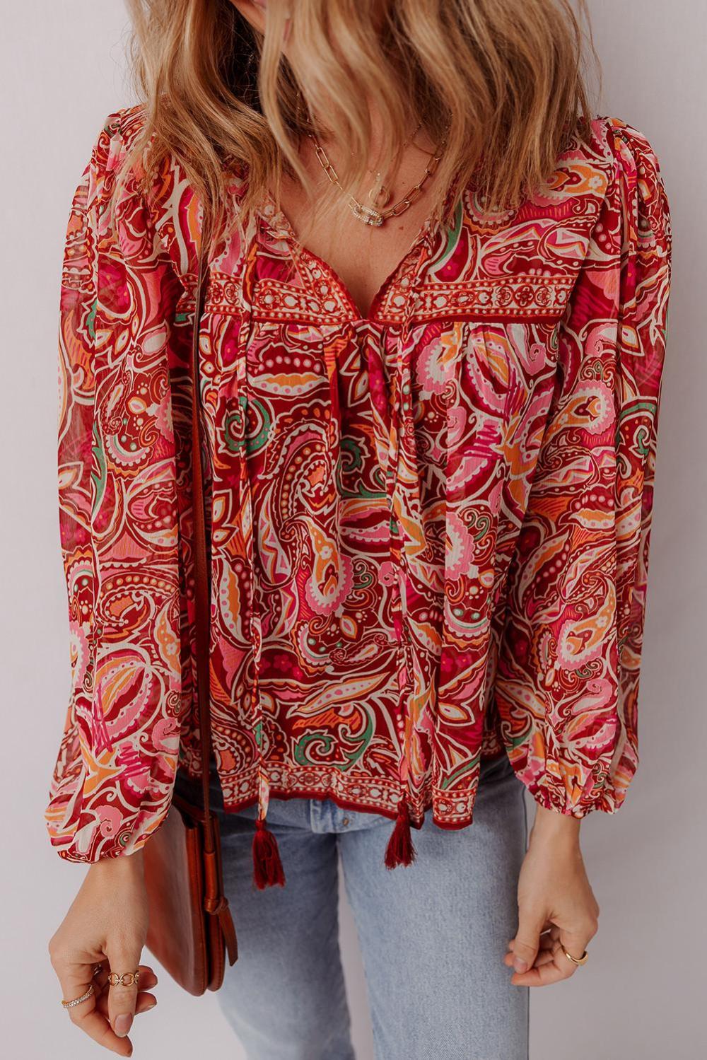 Blouses | Women Multicolour Ethnic Paisley Print Tassel Tie Puff Sleeve Boho Blouse