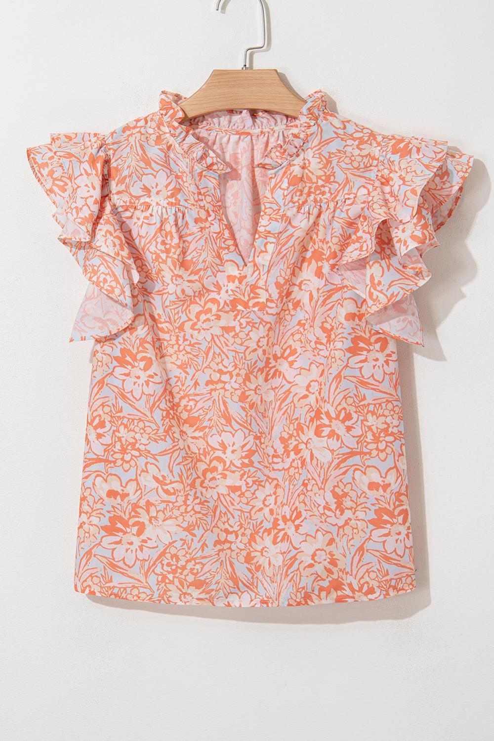 Blouses | Women Orange Floral Ruffle Sleeve Split Neck Blouse