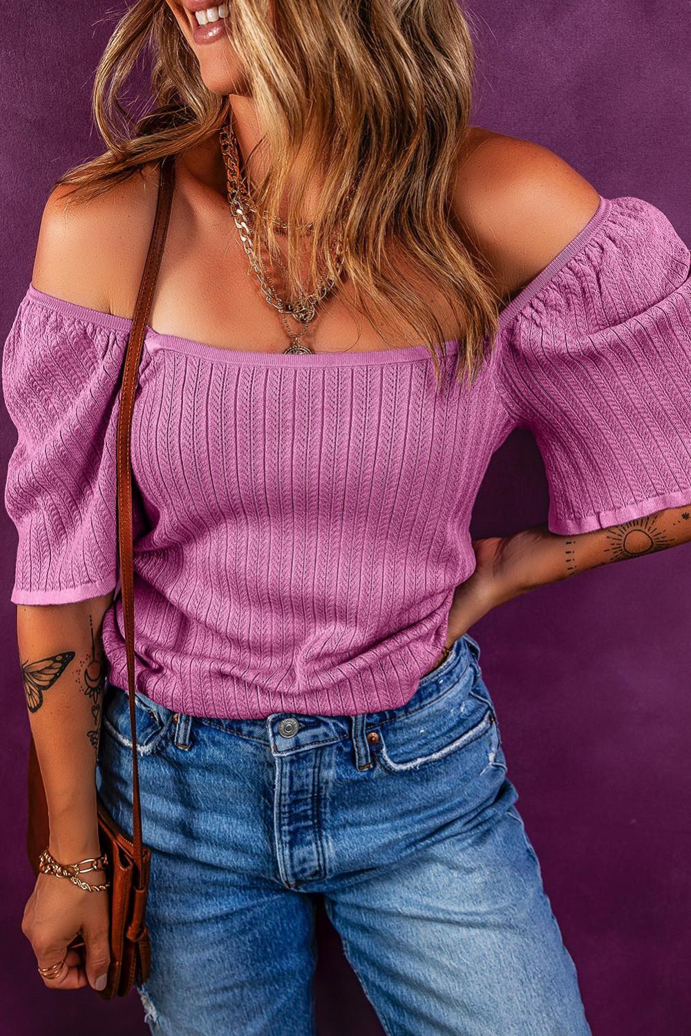 Blouses | Women Phalaenopsis Textured Square Neck Flounce Sleeve Top