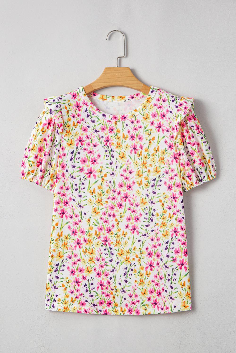Blouses | Women Pink Floral Puff Short Sleeve Crewneck Blouse