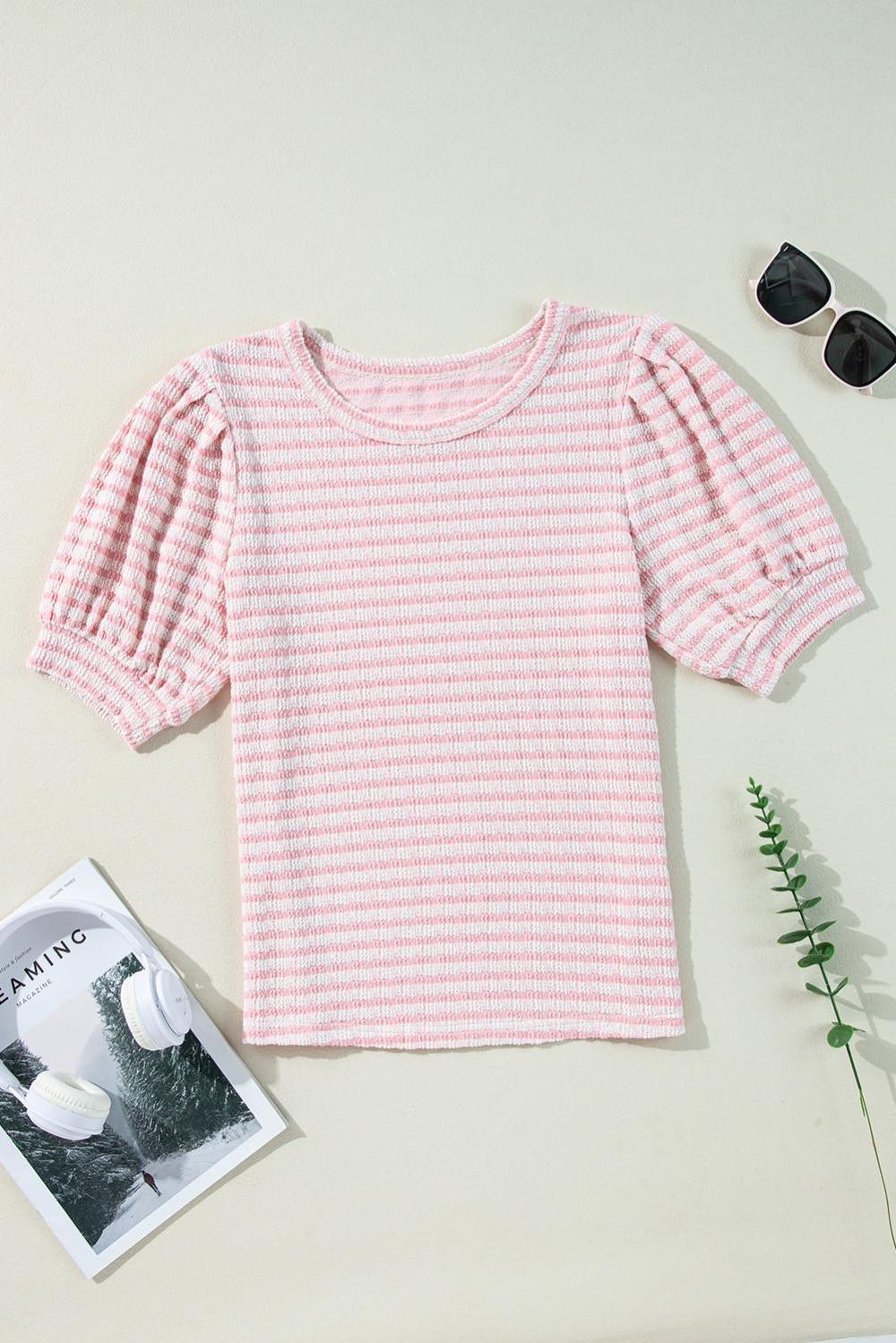 Blouses | Women Pink Stripe Textured Puff Sleeve Crewneck Top