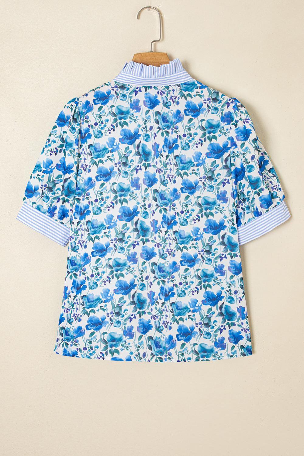 Blouses | Women Sky Blue Floral Print Striped Patchwork Collared Blouse
