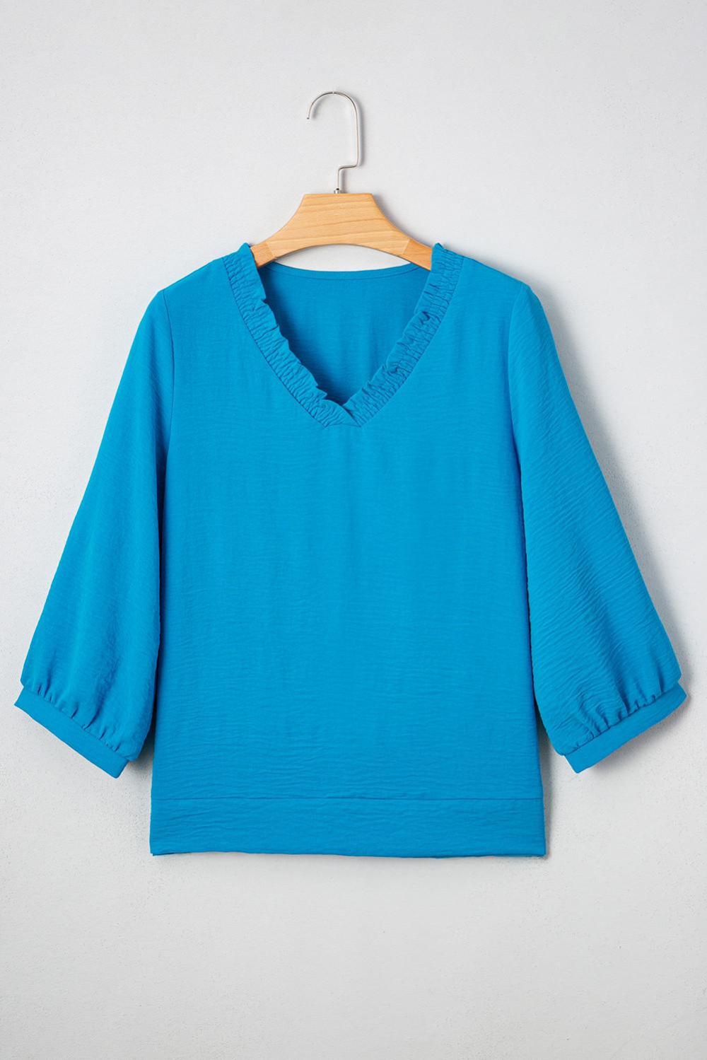 Blouses | Women Sky Blue Frill V Neckline Puff Sleeve Crinkled Blouse