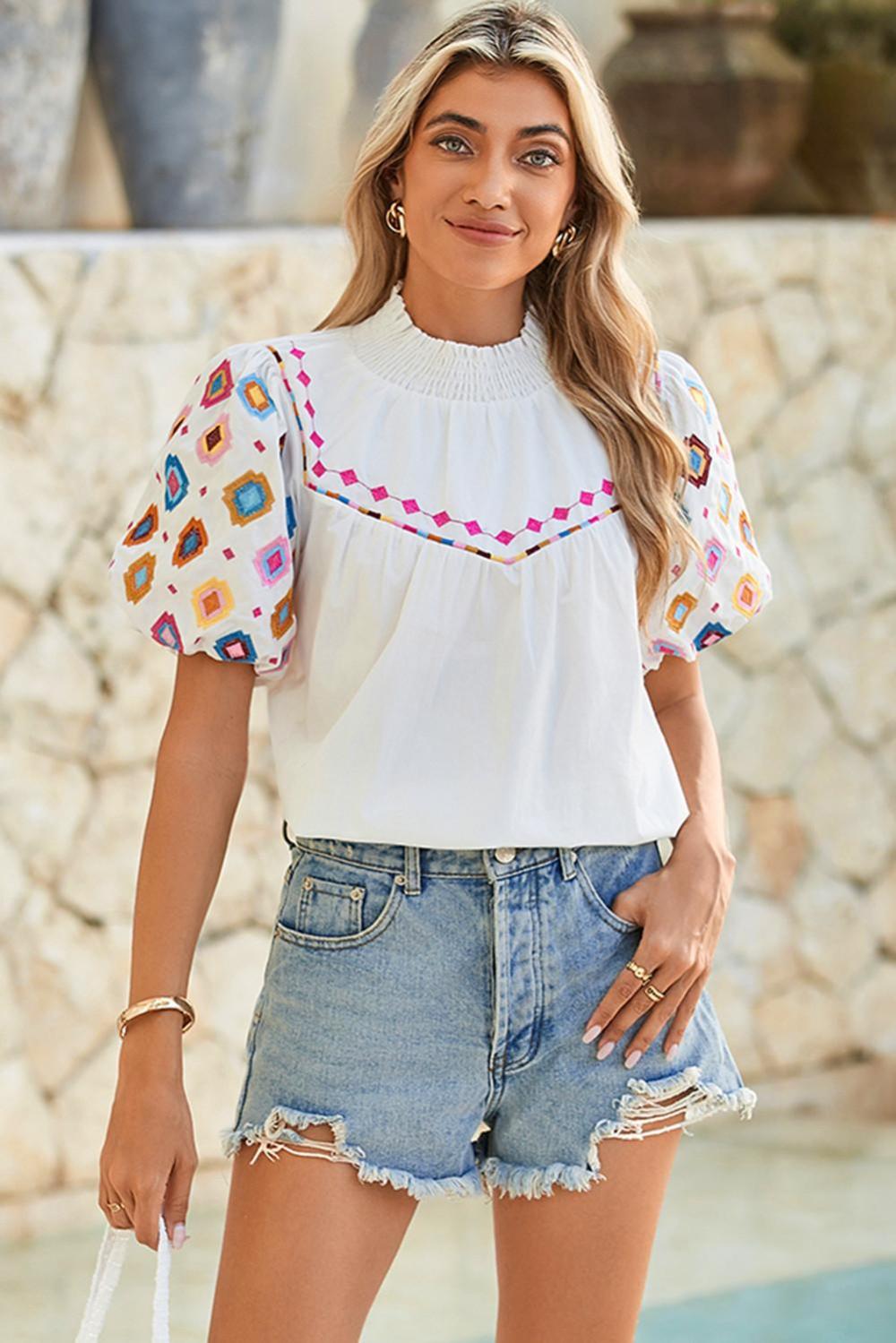 Blouses | Women White Geometric Embroidered Smocked Neck Puff Sleeve Top