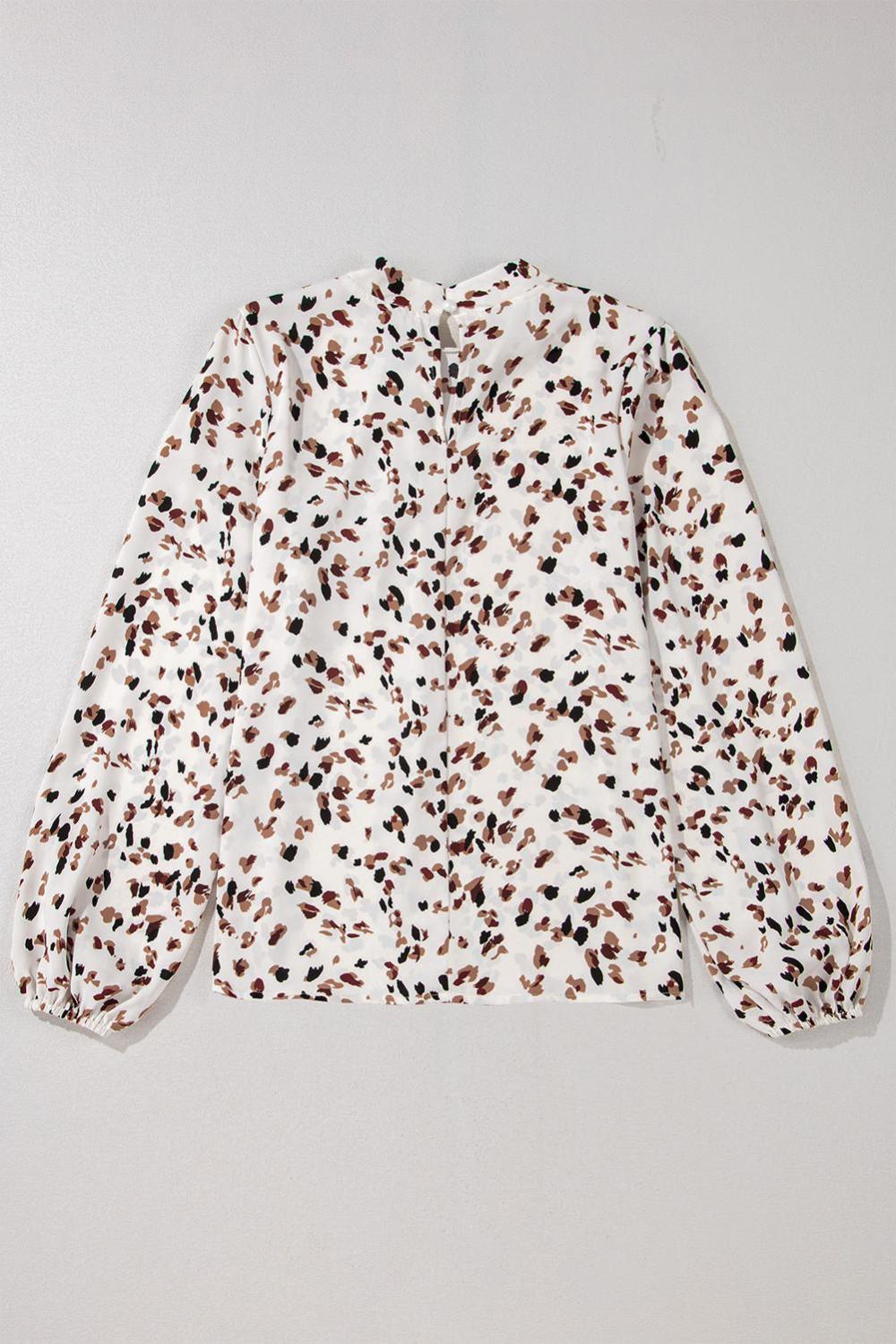 Blouses | Women White Leopard Print Puff Sleeve Mock Neck Pleated Blouse