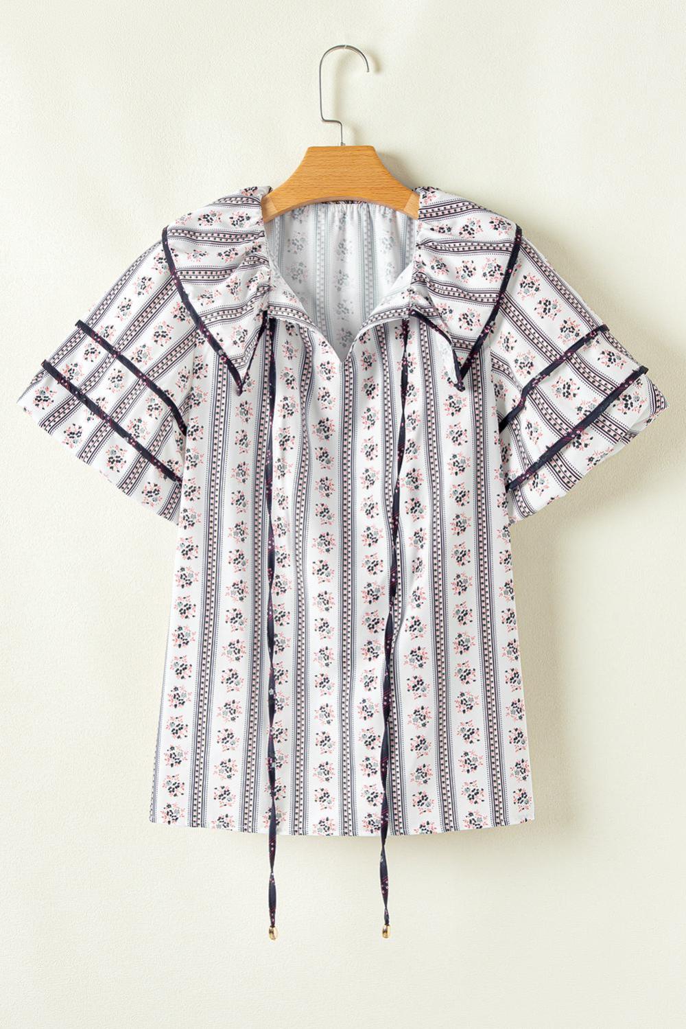 Blouses | Women White Ruffle V-Neck Floral Print Short Sleeve Blouse