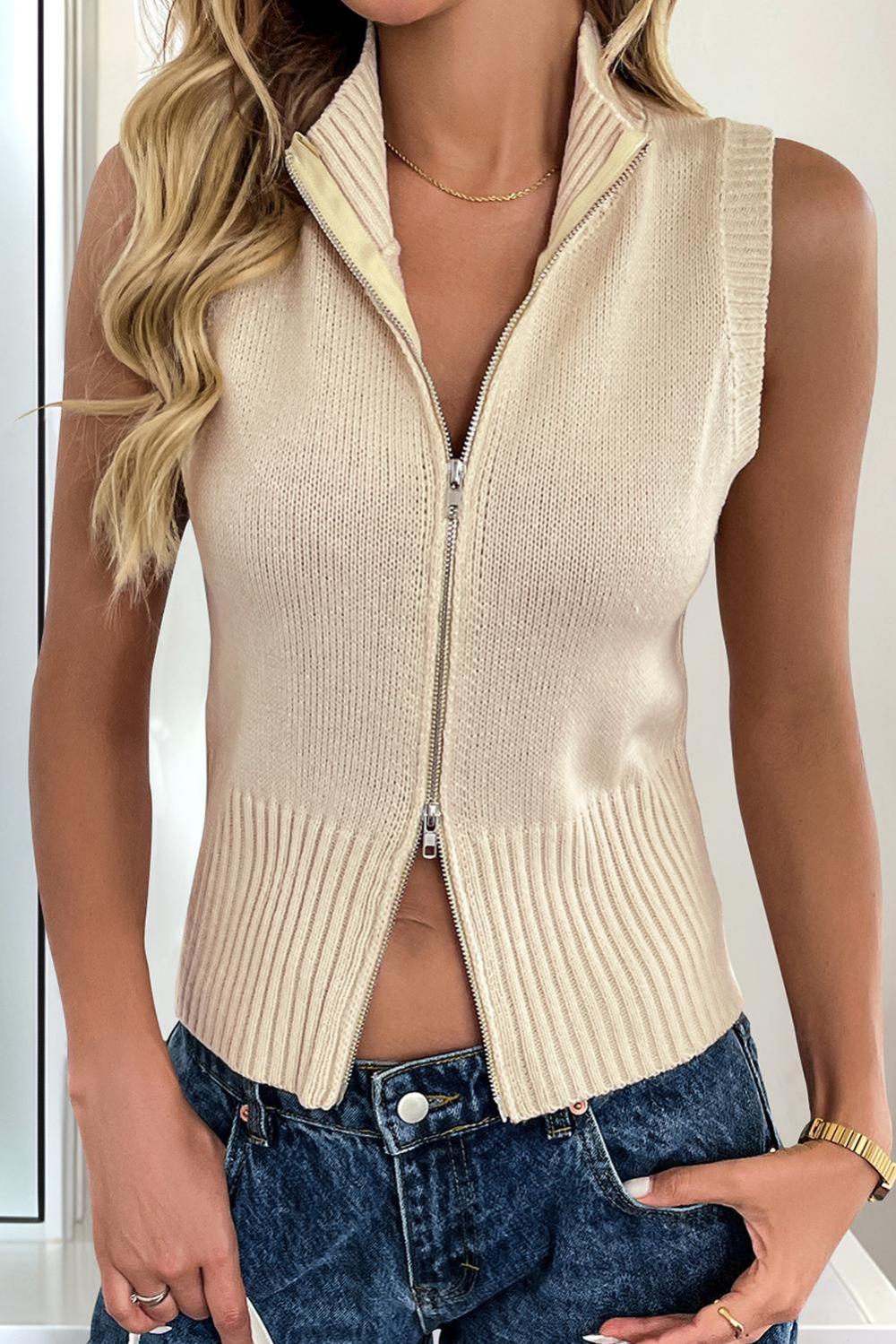 Knit Tops | Women Beige Solid Color Collared Zipper Sleeveless Cardigan