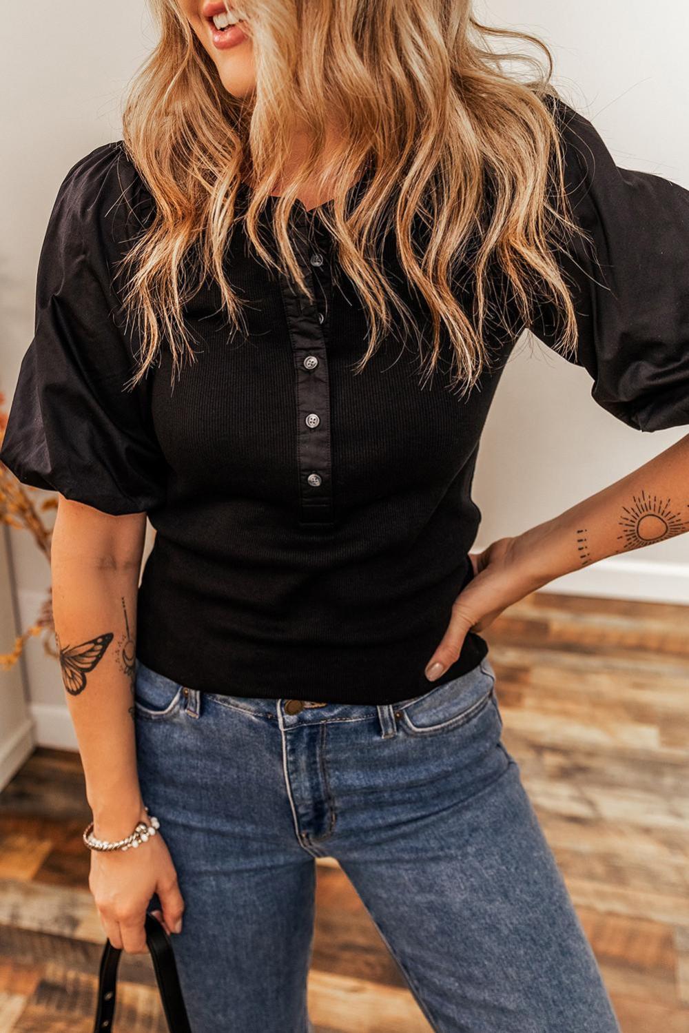 Knit Tops | Women Black Ribbed Patchwork Puff Sleeve Henley Slim Fit Top