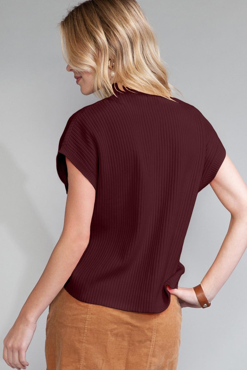 Knit Tops | Women Mineral Red Patch Pocket Ribbed Knit Short Sleeve Sweater
