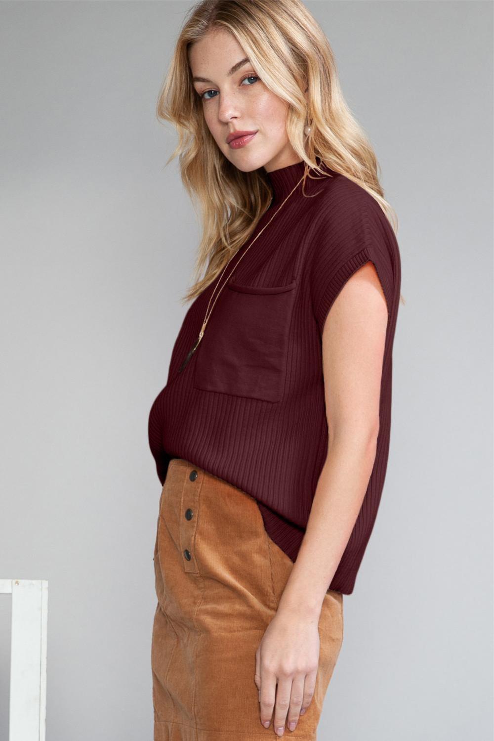 Knit Tops | Women Mineral Red Patch Pocket Ribbed Knit Short Sleeve Sweater