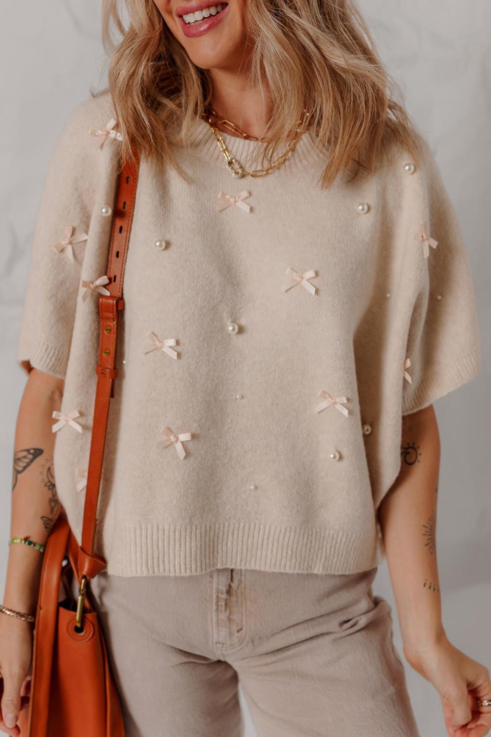 Knit Tops | Women Oatmeal Pearl Bow Embellished Dolman Short Sleeve Sweater