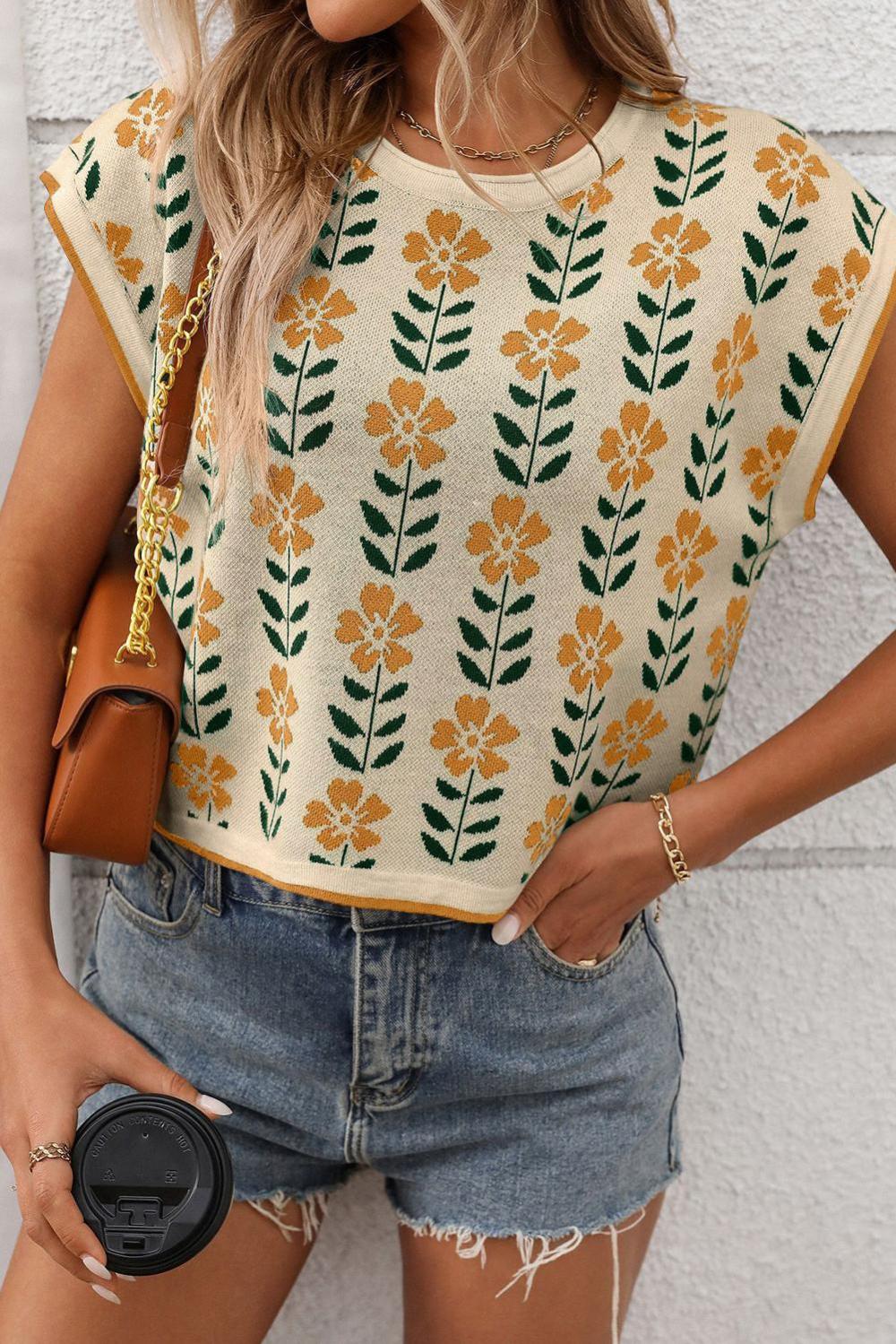 Knit Tops | Women Parchment Floral Round Neck Sleeveless Knit Top