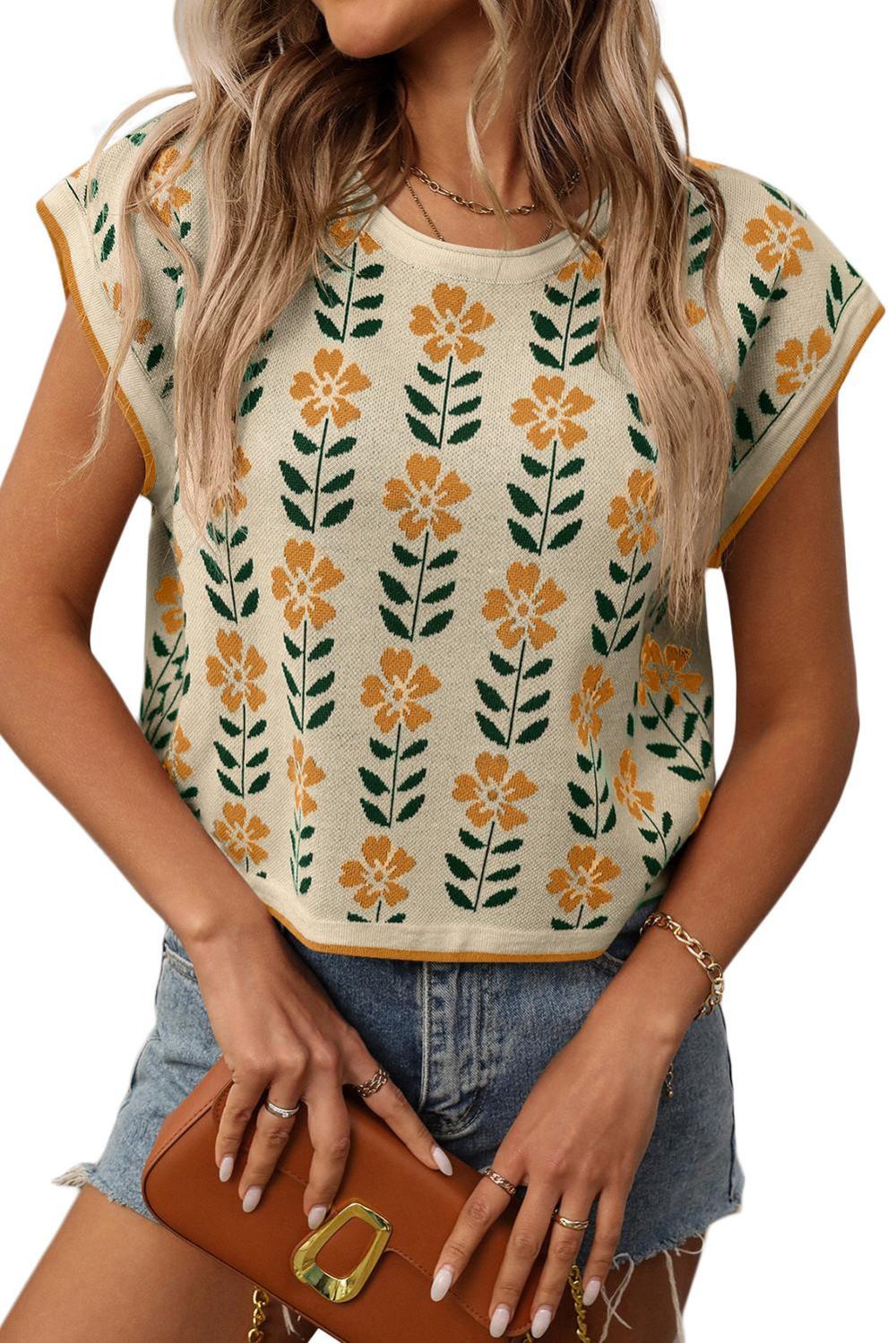 Knit Tops | Women Parchment Floral Round Neck Sleeveless Knit Top