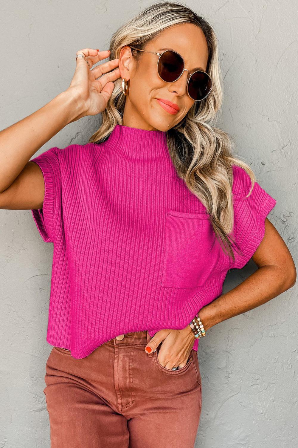 Knit Tops | Women Rose Red Patch Pocket Ribbed Knit Short Sleeve Sweater