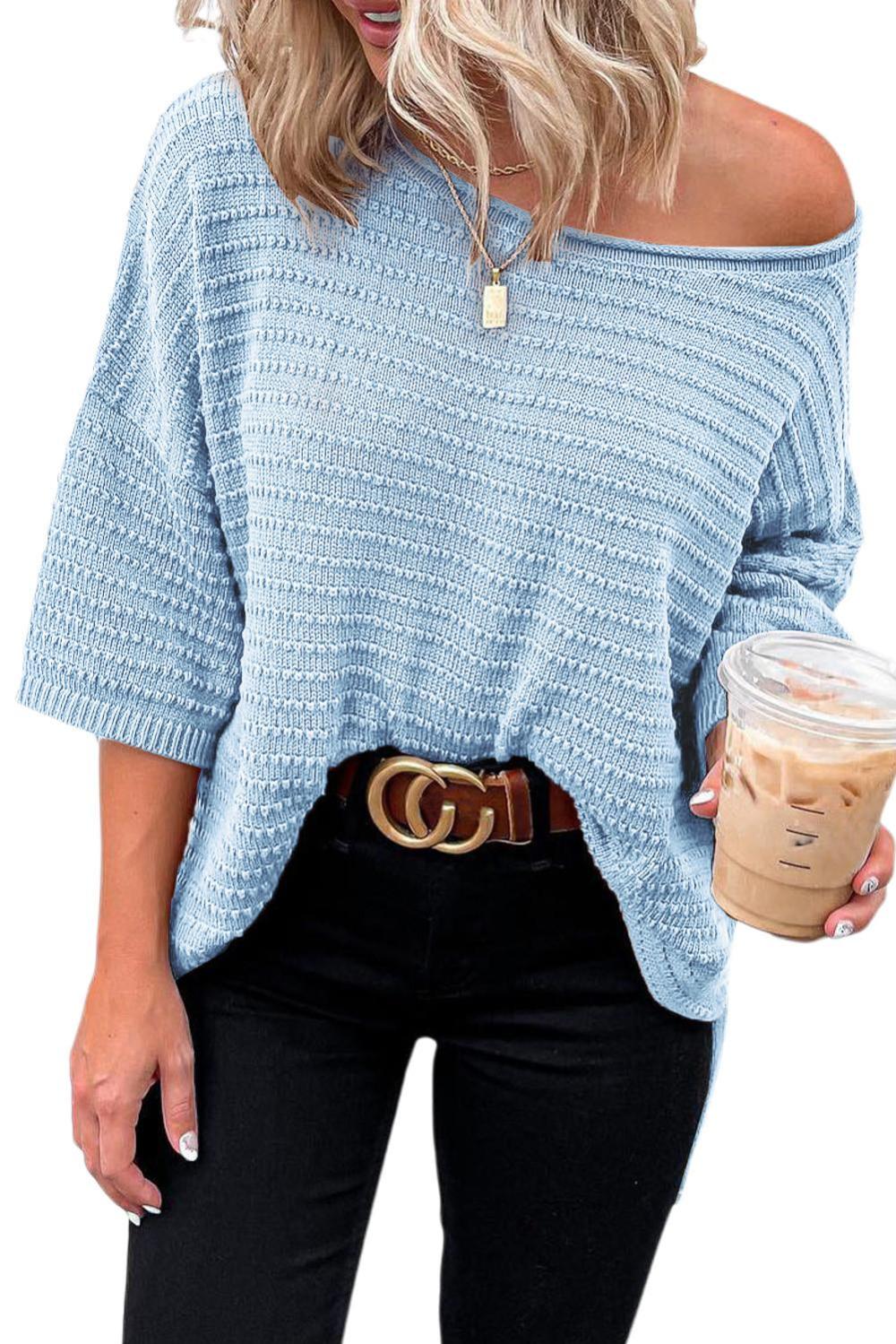 Knit Tops | Women Sky Blue Solid Color Rib-Knit Drop Sleeve Side Slits Top