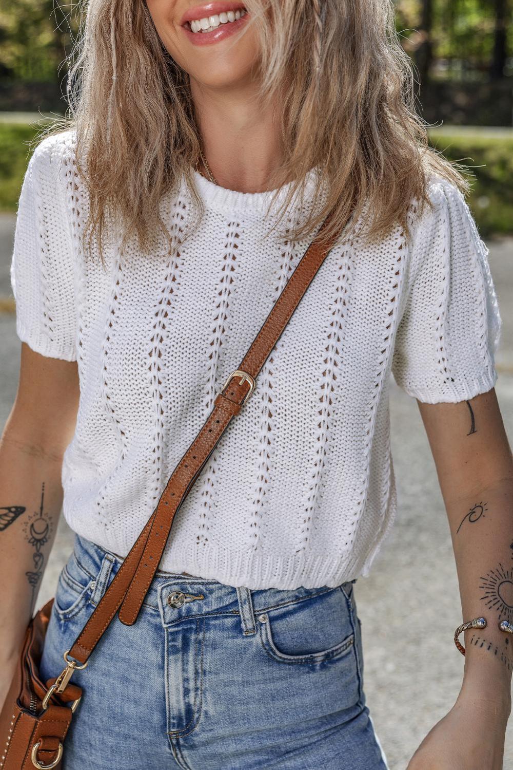 Knit Tops | Women White Pointelle Knit Short Puff Sleeve Crewneck Top