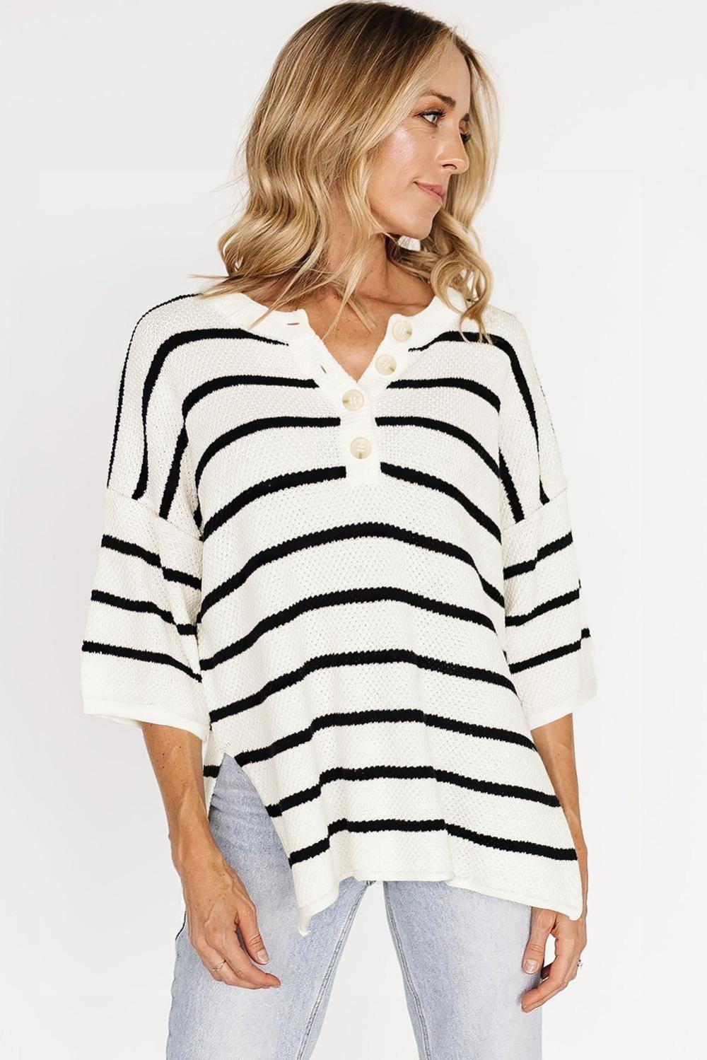Knit Tops | Women White Stripe Drop Shoulder Bracelet Sleeve Henley Knit Tee