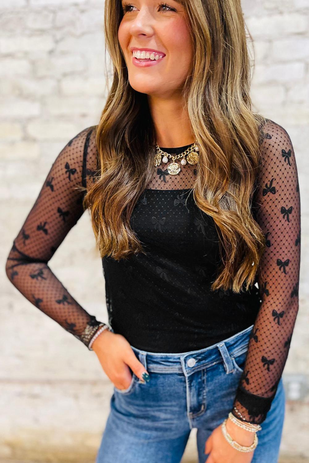 Long Sleeve Tops | Women Black Dotted Bow Pattern Mesh Long Sleeve Top