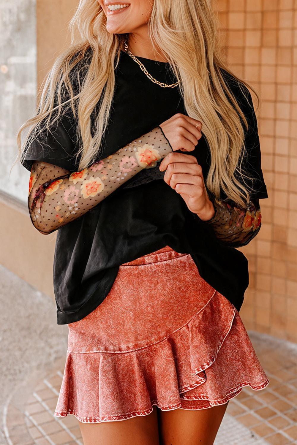 Long Sleeve Tops | Women Black Floral Mesh Sleeve Fake Two-Piece Top