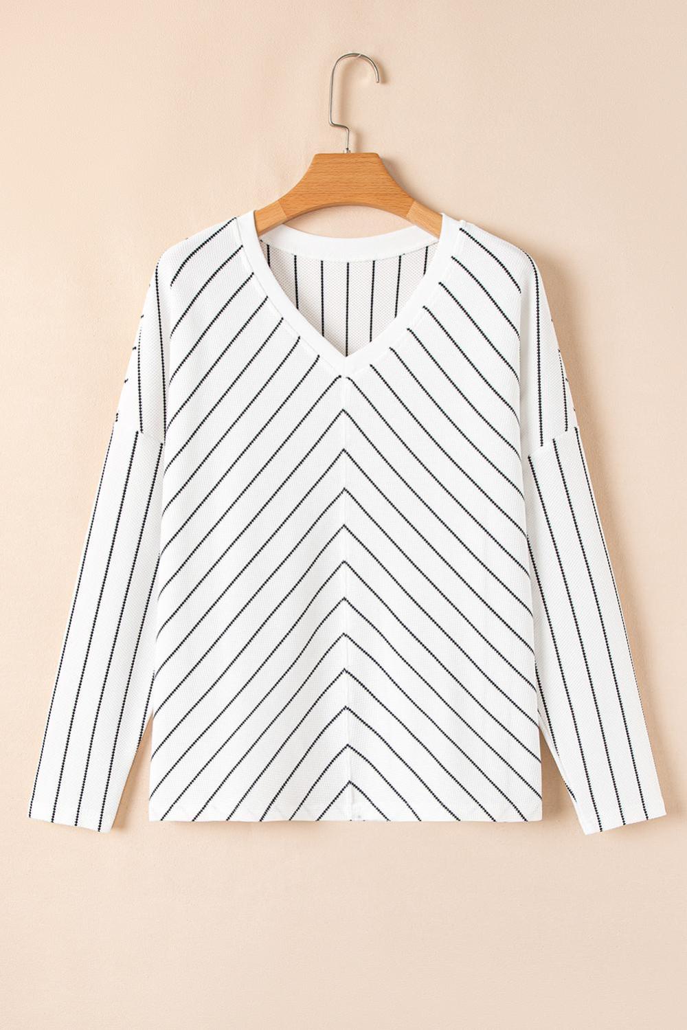 Long Sleeve Tops | Women Black Stripe V Neck Long Sleeve Waffle Knit Top