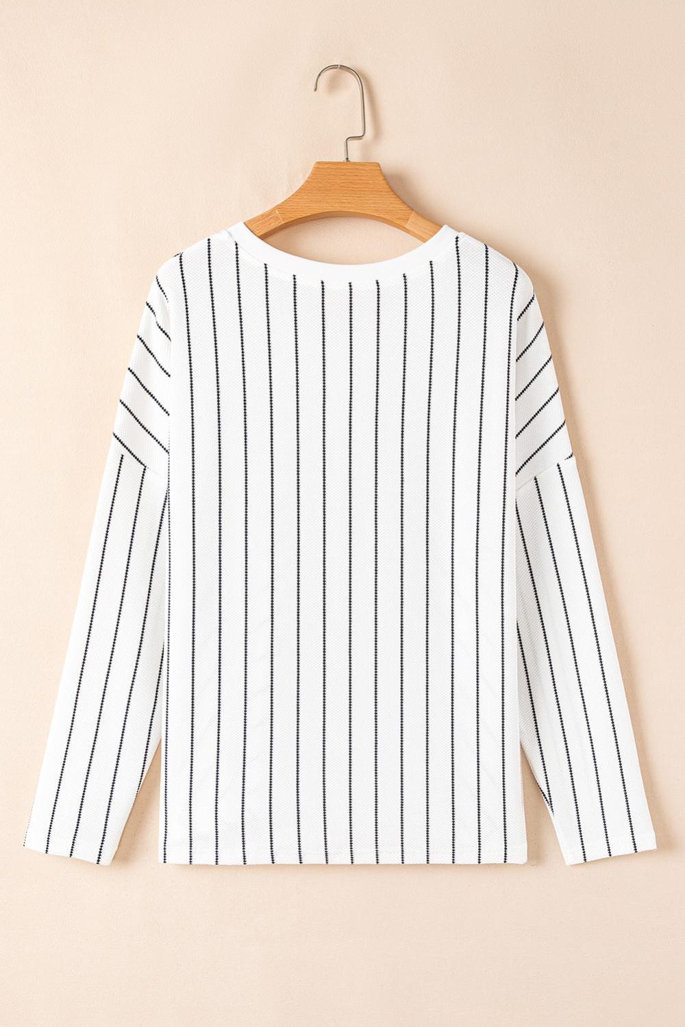 Long Sleeve Tops | Women Black Stripe V Neck Long Sleeve Waffle Knit Top