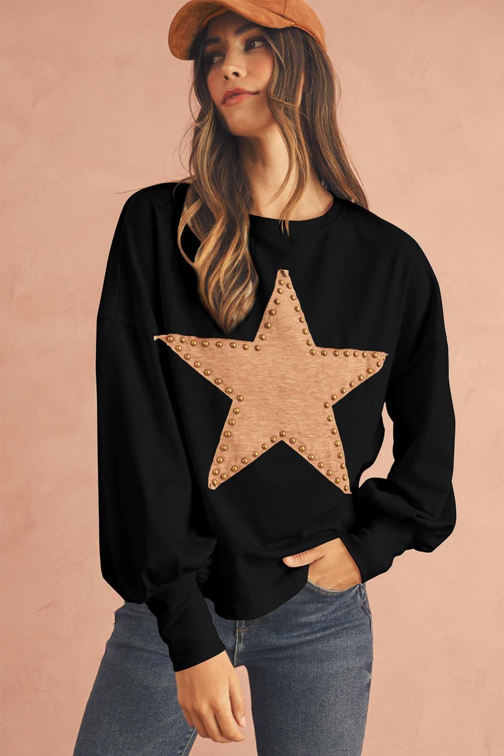 Long Sleeve Tops | Women Black Studded Star Graphic Oversized Top