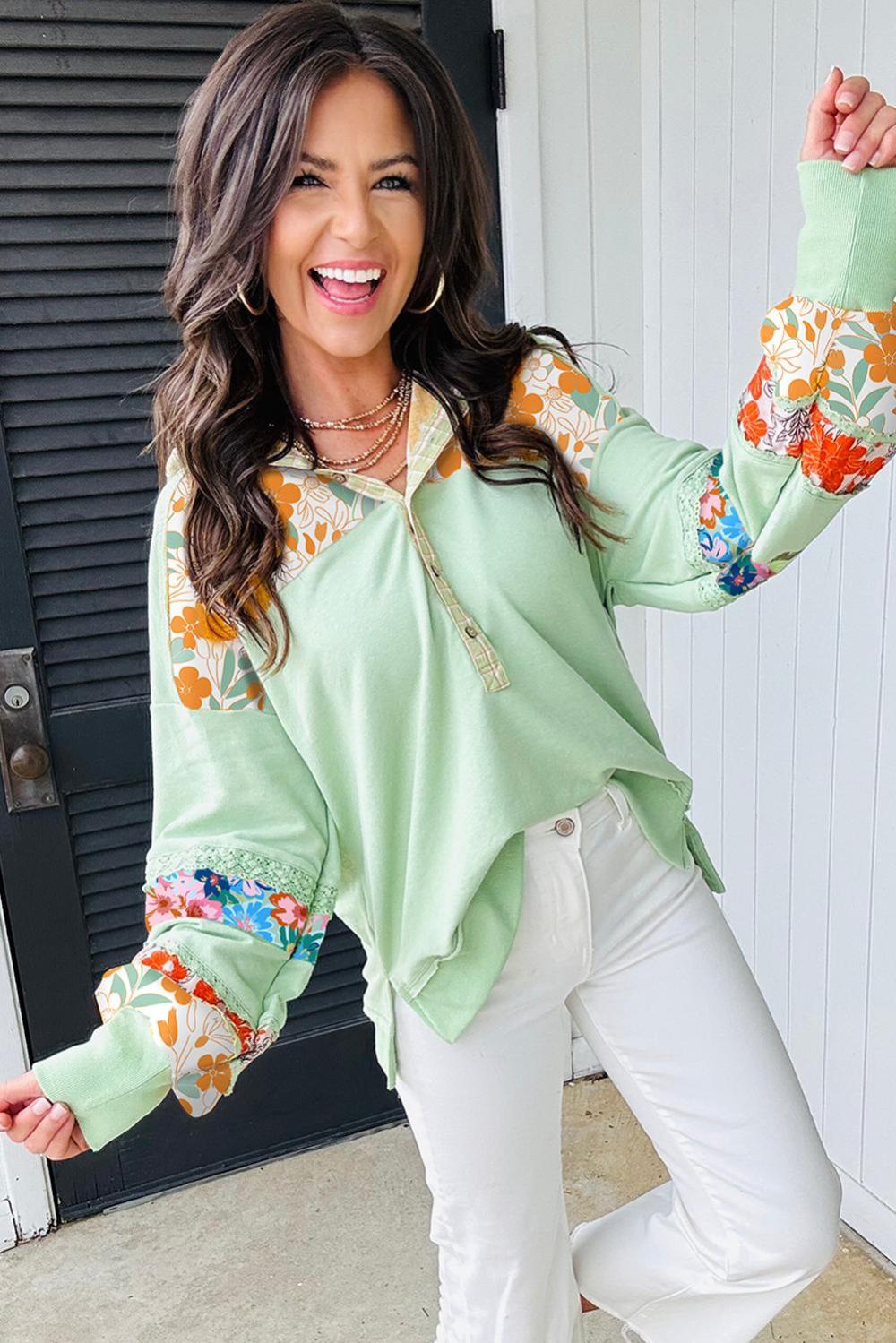 Long Sleeve Tops | Women Clearly Aqua Lace Floral Patchwork Hooded Henley Top