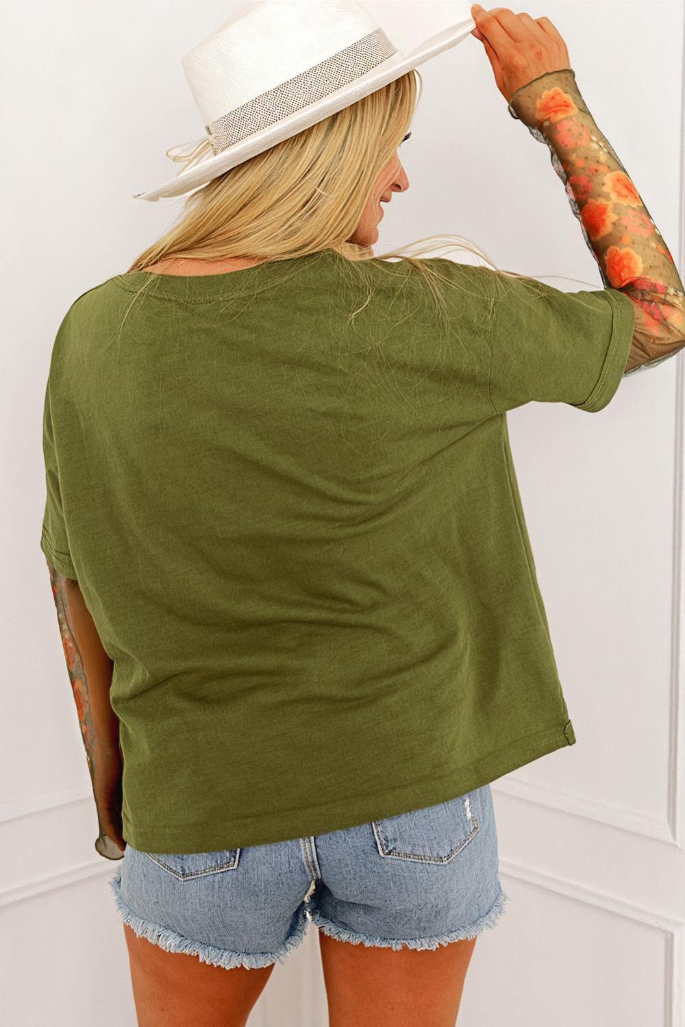 Long Sleeve Tops | Women Fern Green Floral Mesh Patchwork Sleeve Crewneck Top