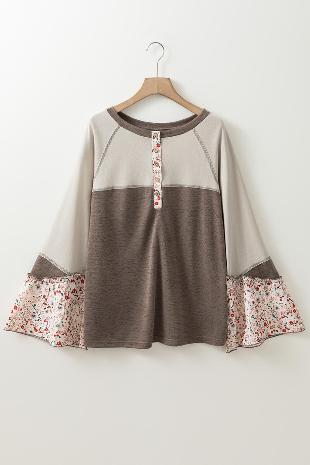 Long Sleeve Tops | Women Goat Colorblock Floral Patchwork Flared Sleeve Henley Top