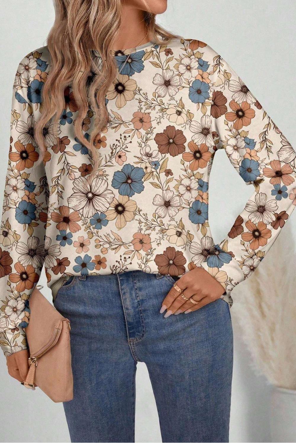 Long Sleeve Tops | Women Khaki Allover Floral Print Crew Neck Long Sleeve Top