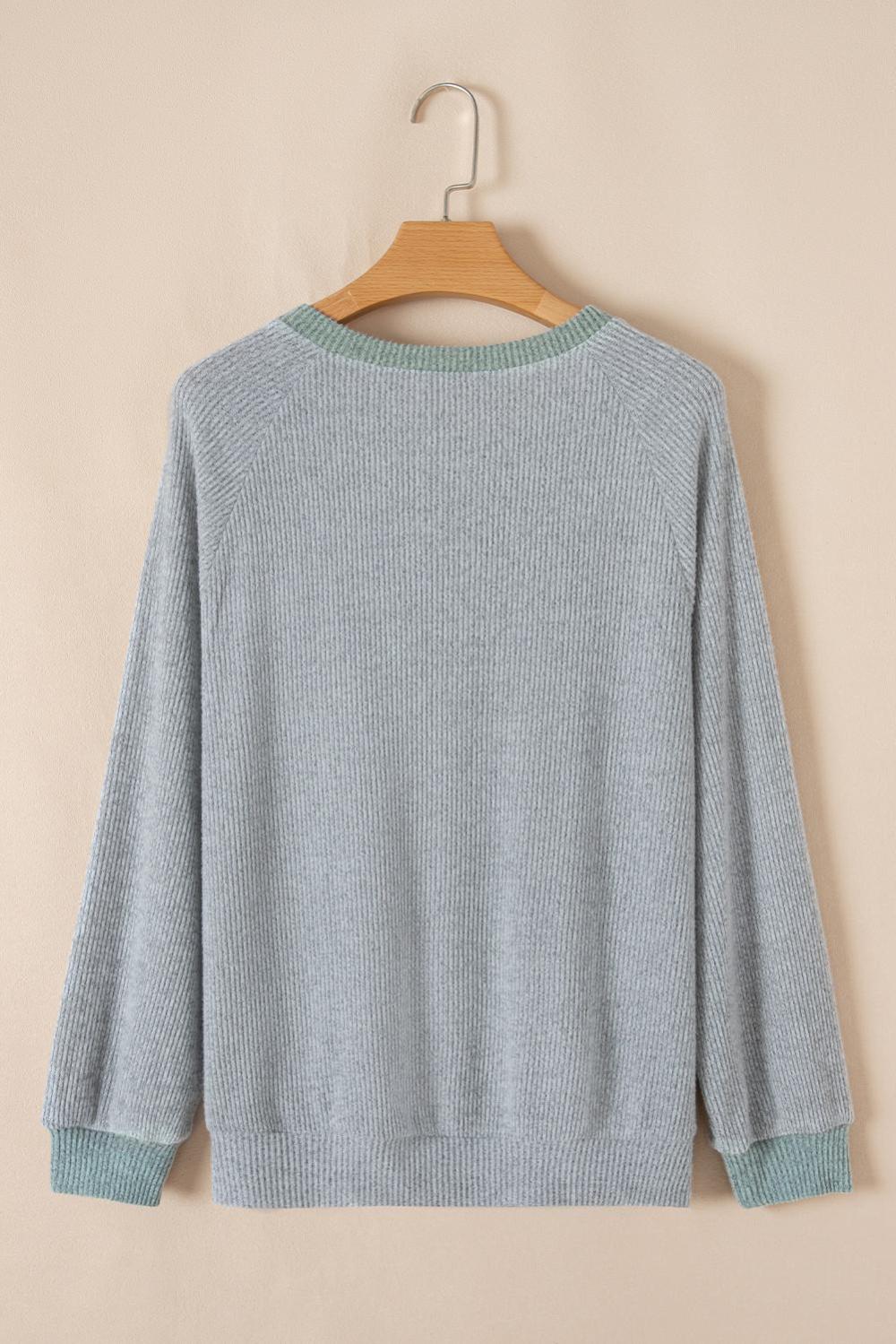 Long Sleeve Tops | Women Light Grey Contrast Ribbed Loose Fit Henley Top