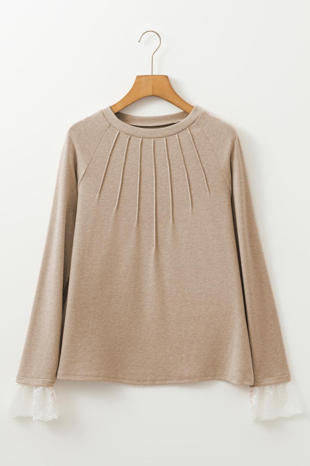 Long Sleeve Tops | Women Parchment Seam Detail Lace Contrast Cuffs Raglan Sleeve Top