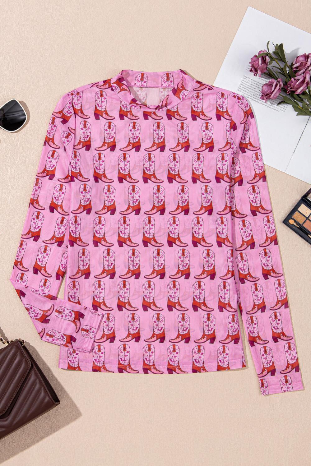 Long Sleeve Tops | Women Pink Boots Print Mock Neck Long Sleeve Mesh Top