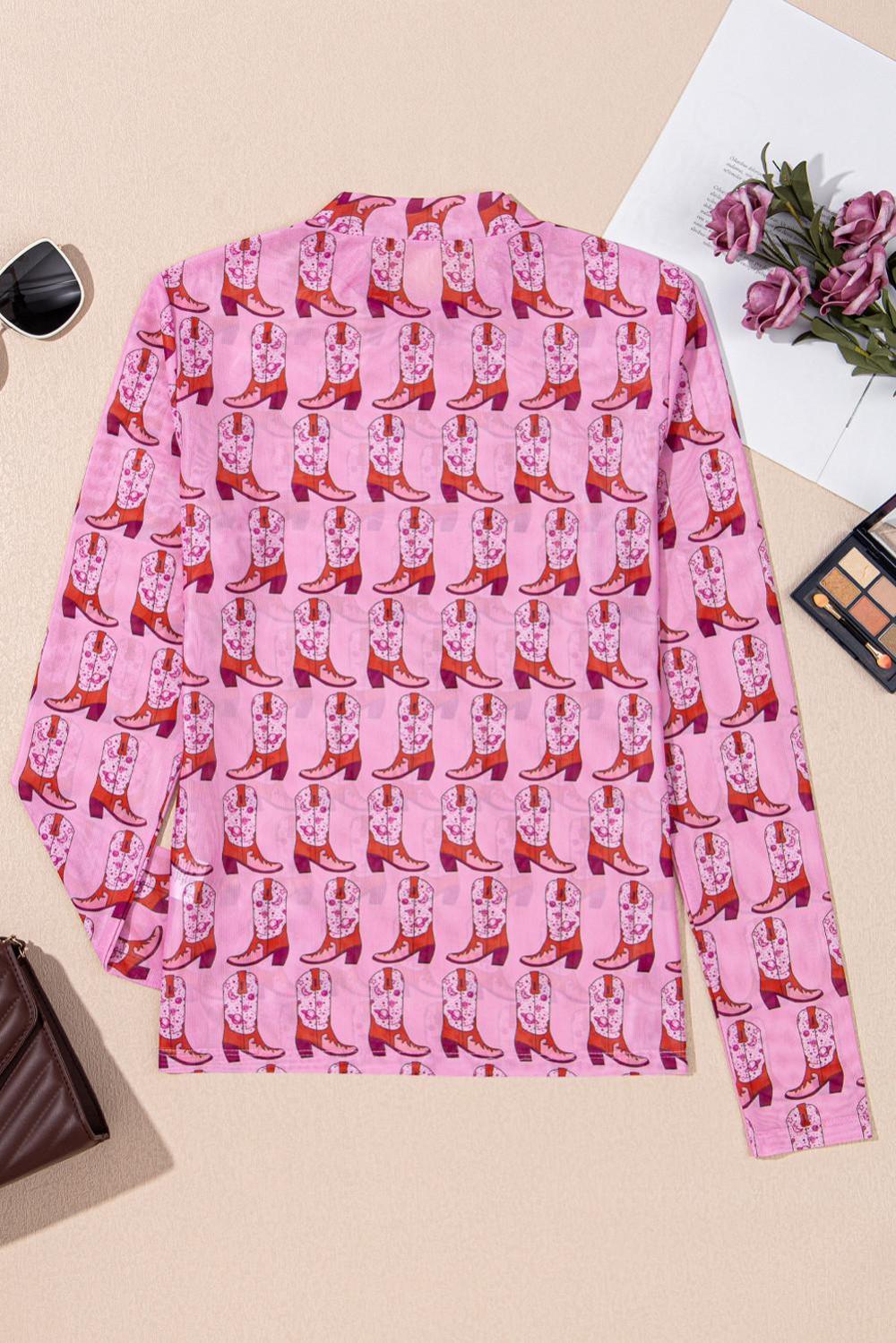 Long Sleeve Tops | Women Pink Boots Print Mock Neck Long Sleeve Mesh Top