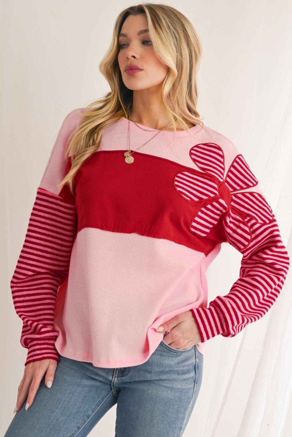 Long Sleeve Tops | Women Pink Floral Colorblock Striped Sleeve Waffle Patchwork Top
