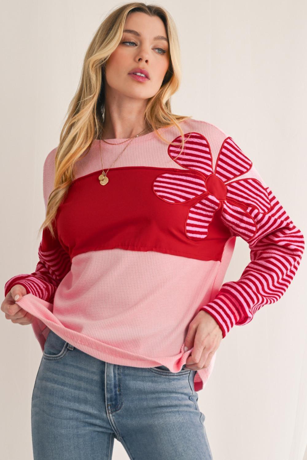 Long Sleeve Tops | Women Pink Floral Colorblock Striped Sleeve Waffle Patchwork Top