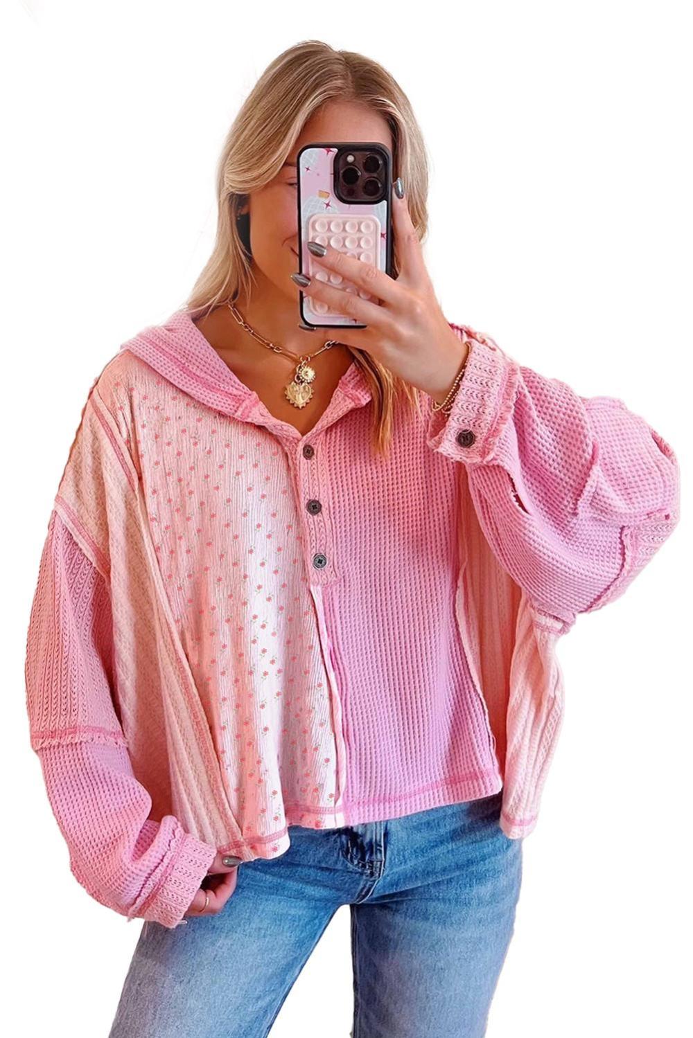 Long Sleeve Tops | Women Pink Mixed Texture Waffle Floral Patchwork Hooded Oversized Pullover Top