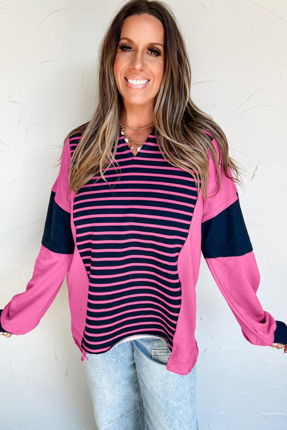 Long Sleeve Tops | Women Pink Stripe Color Block V Neck Loose Fit Long Sleeve Top