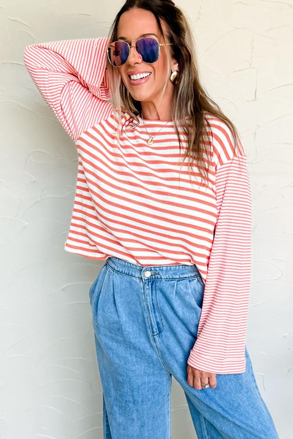 Long Sleeve Tops | Women Pink Striped Textured Patchwork Drop Sleeve Top