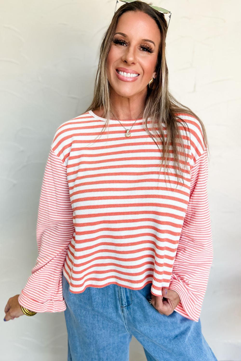 Long Sleeve Tops | Women Pink Striped Textured Patchwork Drop Sleeve Top