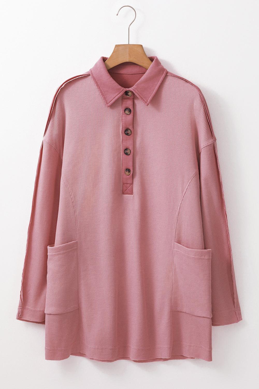 Long Sleeve Tops | Women Pink Waffle Patchwork Drop Sleeve Henley Top