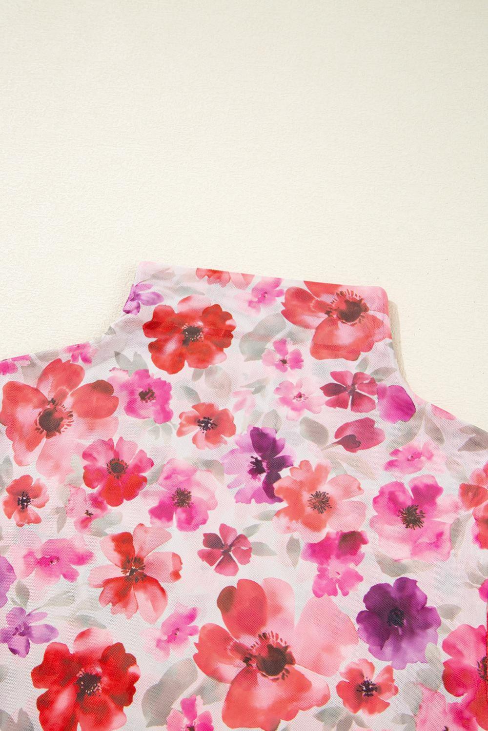 Long Sleeve Tops | Women Red Floral Print Long Sleeve Slim Fit Mesh Top